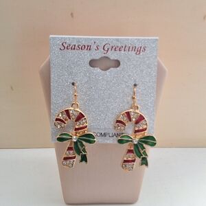 Festive Gold and Green Candy Cane Earrings 1-3/4"